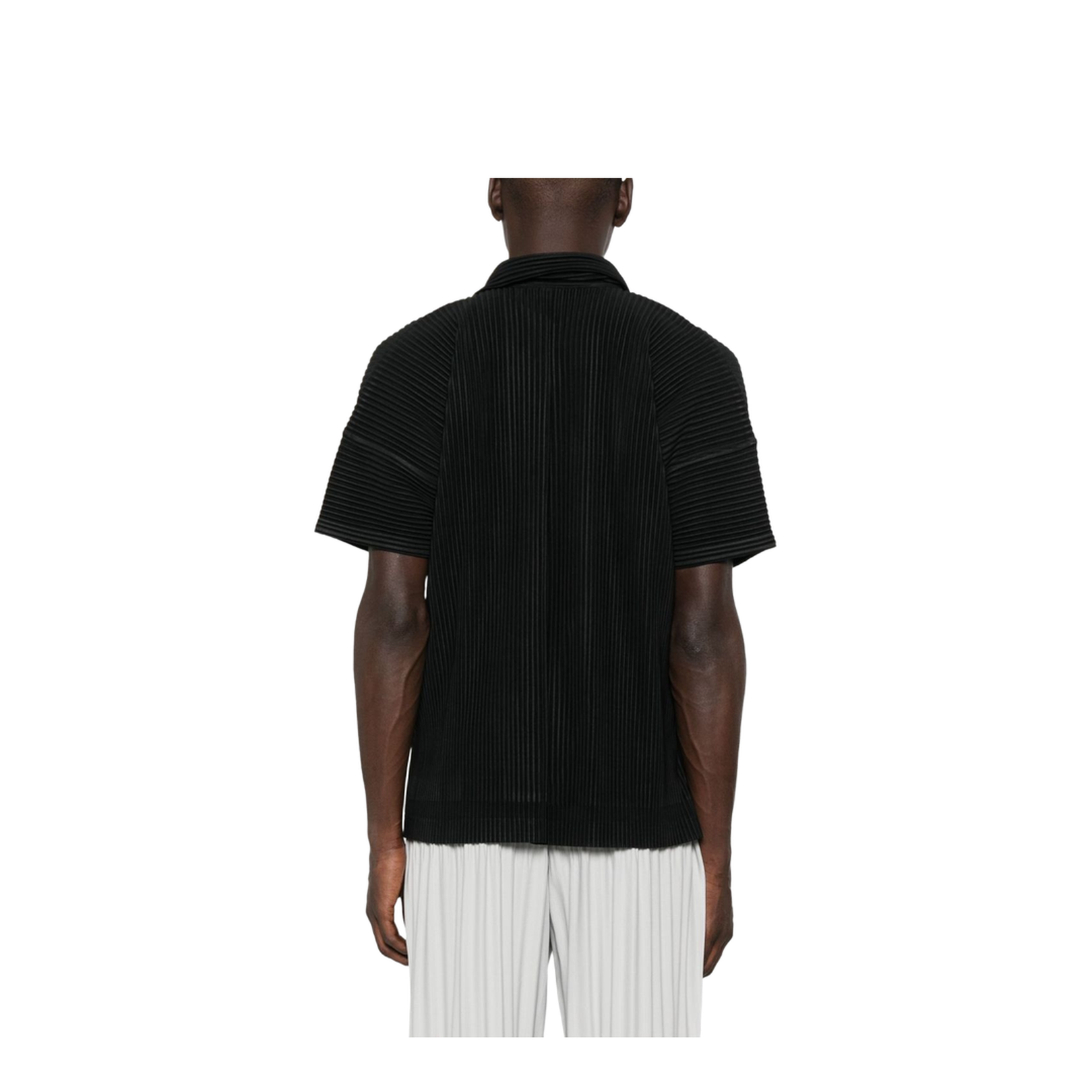 Black Pleated Texture Short Sleeves Button Fastening Straight Hemline