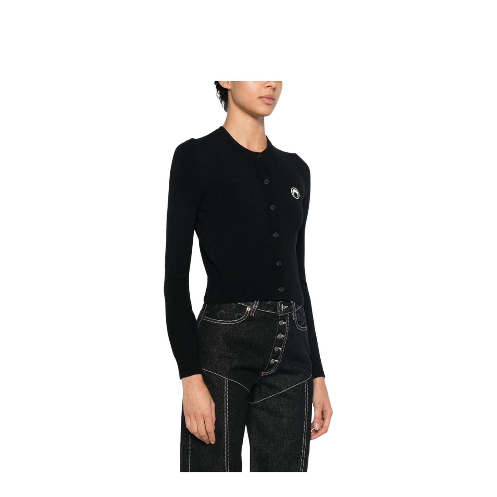 Crescent Moon Embroidery Crew Neck Long Sleeves Front Button Fastening Ribbed Cuffs and Hem