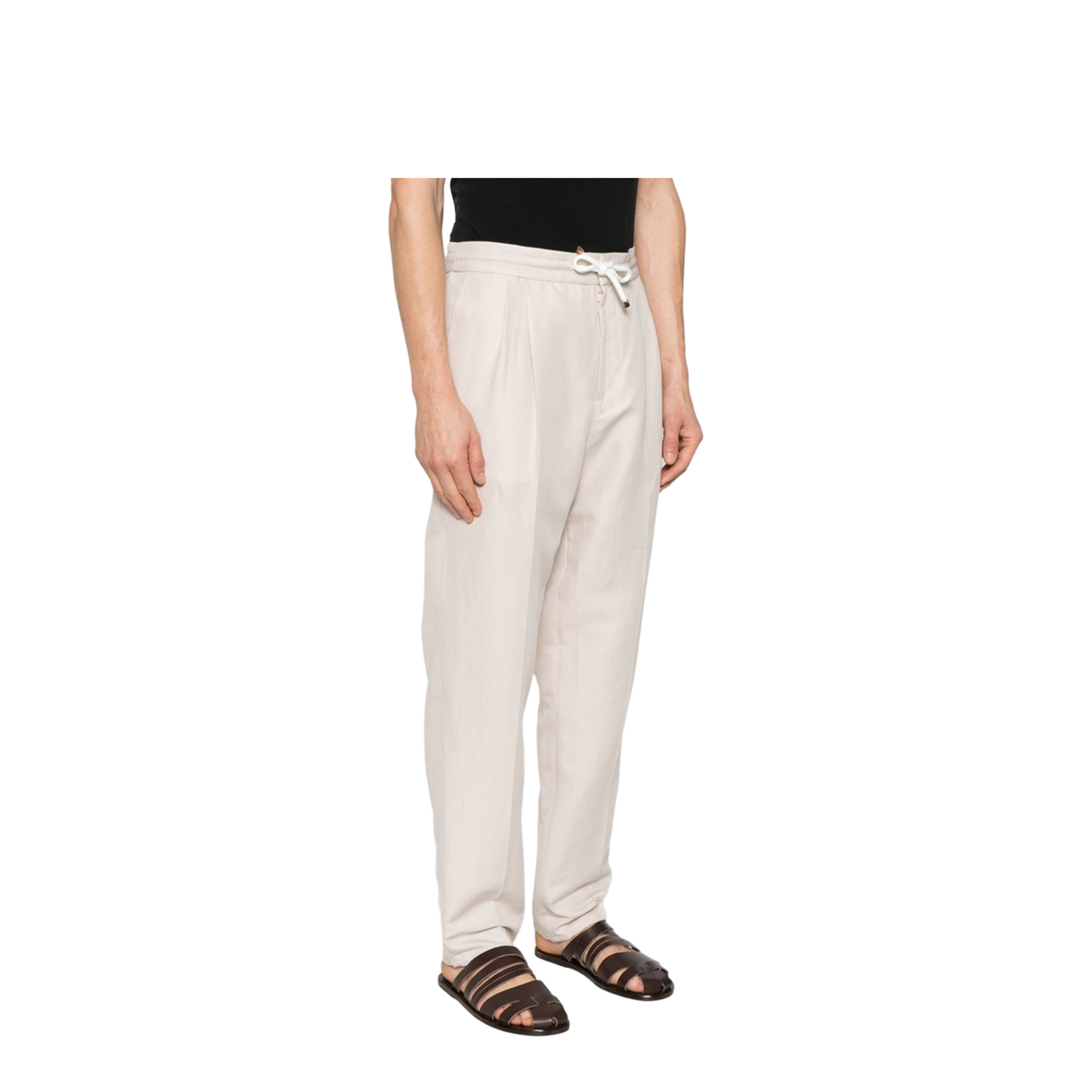 Leisure Fit Trousers in Linen and Cotton Gabardine with Drawstring and Double Darts