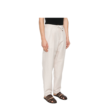 Leisure Fit Trousers in Linen and Cotton Gabardine with Drawstring and Double Darts
