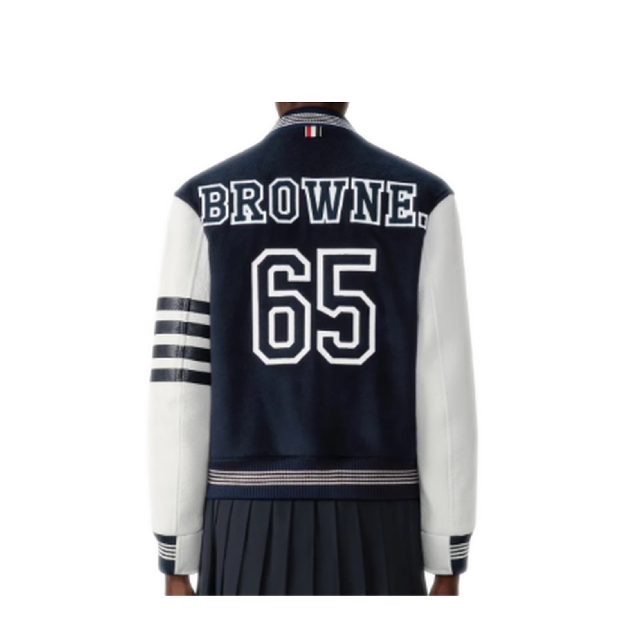 MAYFEYR - Thom Browne - Relaxed Fit Varsity Jacket With Leather Sleeves And Applique Zig Zag Stitch - FBD071EF1027415