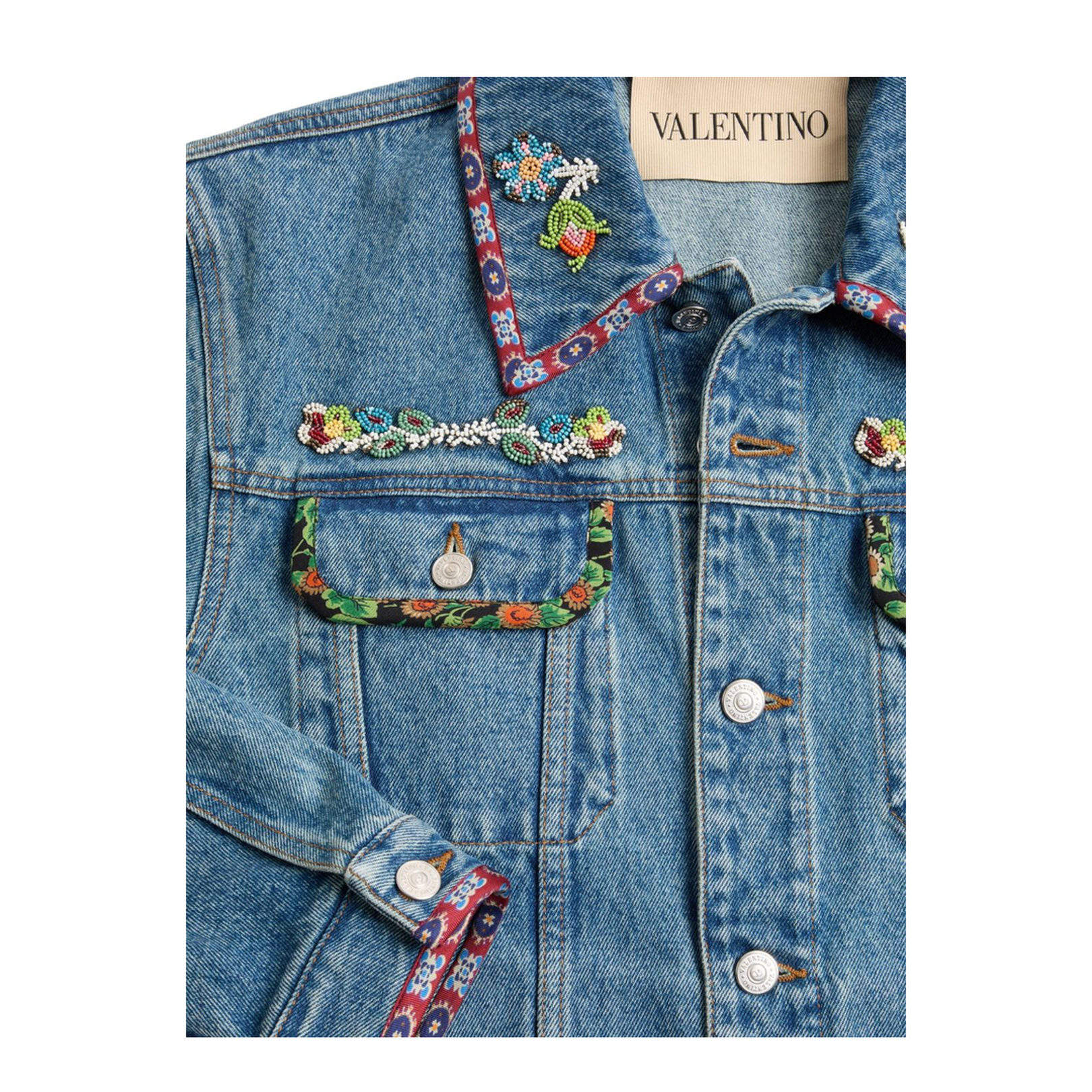 Denim Jacket With Beaded Embroidery And Printed Edges