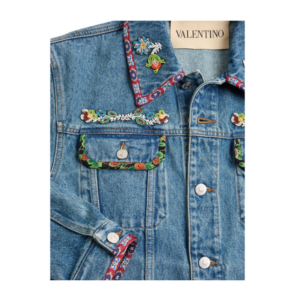 Denim Jacket With Beaded Embroidery And Printed Edges