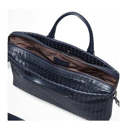 Intrecciato Large Leather Briefcase - Blue