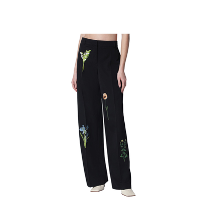 Black Wool Trousers with Floral Embroidery