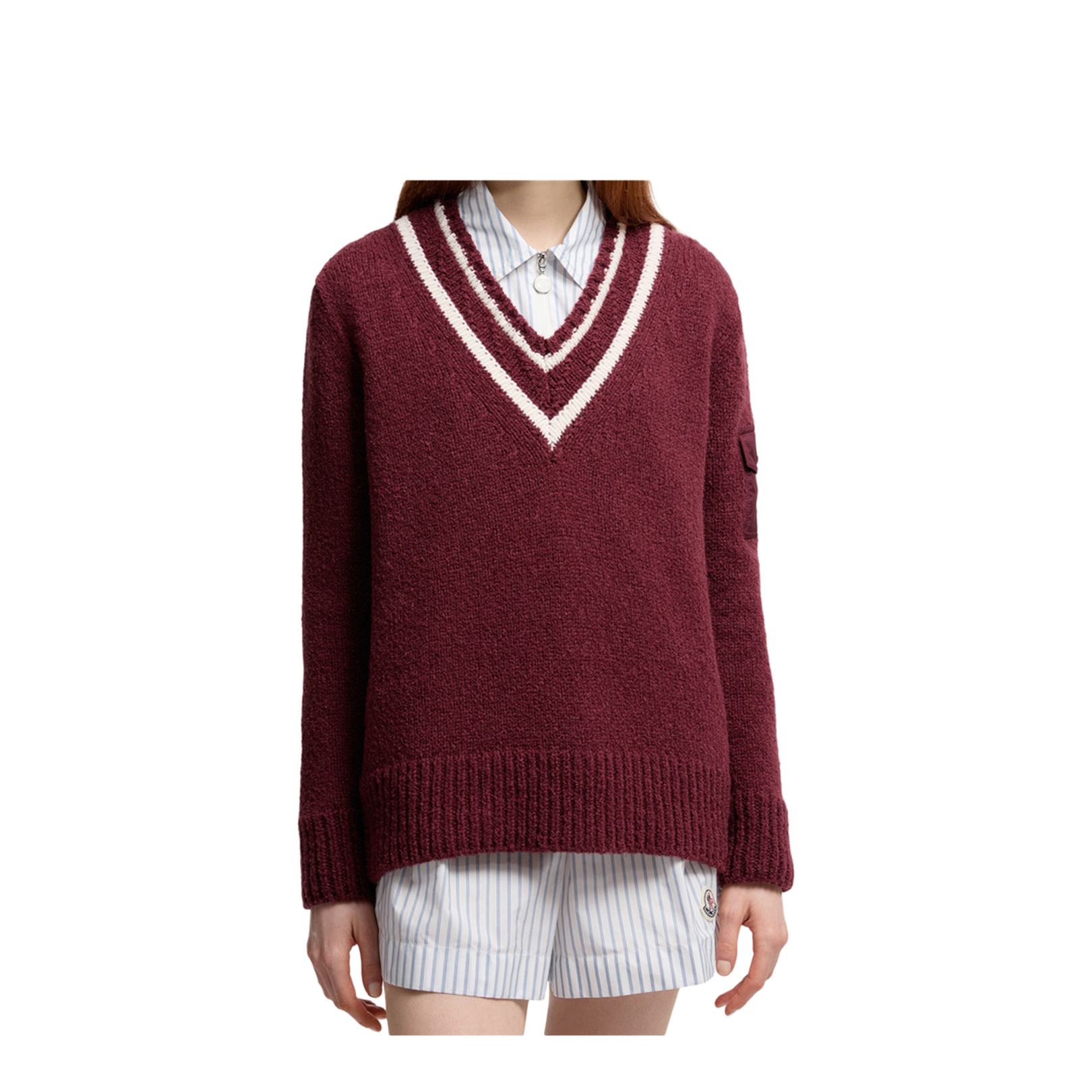 Burgundy Padded V-Neck Cotton & Wool Blend Jumper