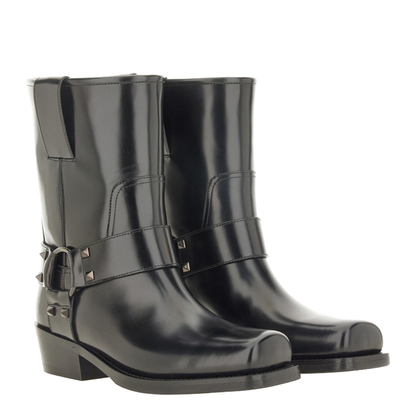 Black Leather Biker Rockstud Low Boot