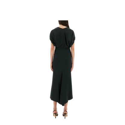 V-Neck Blouson Midi Dress in Black