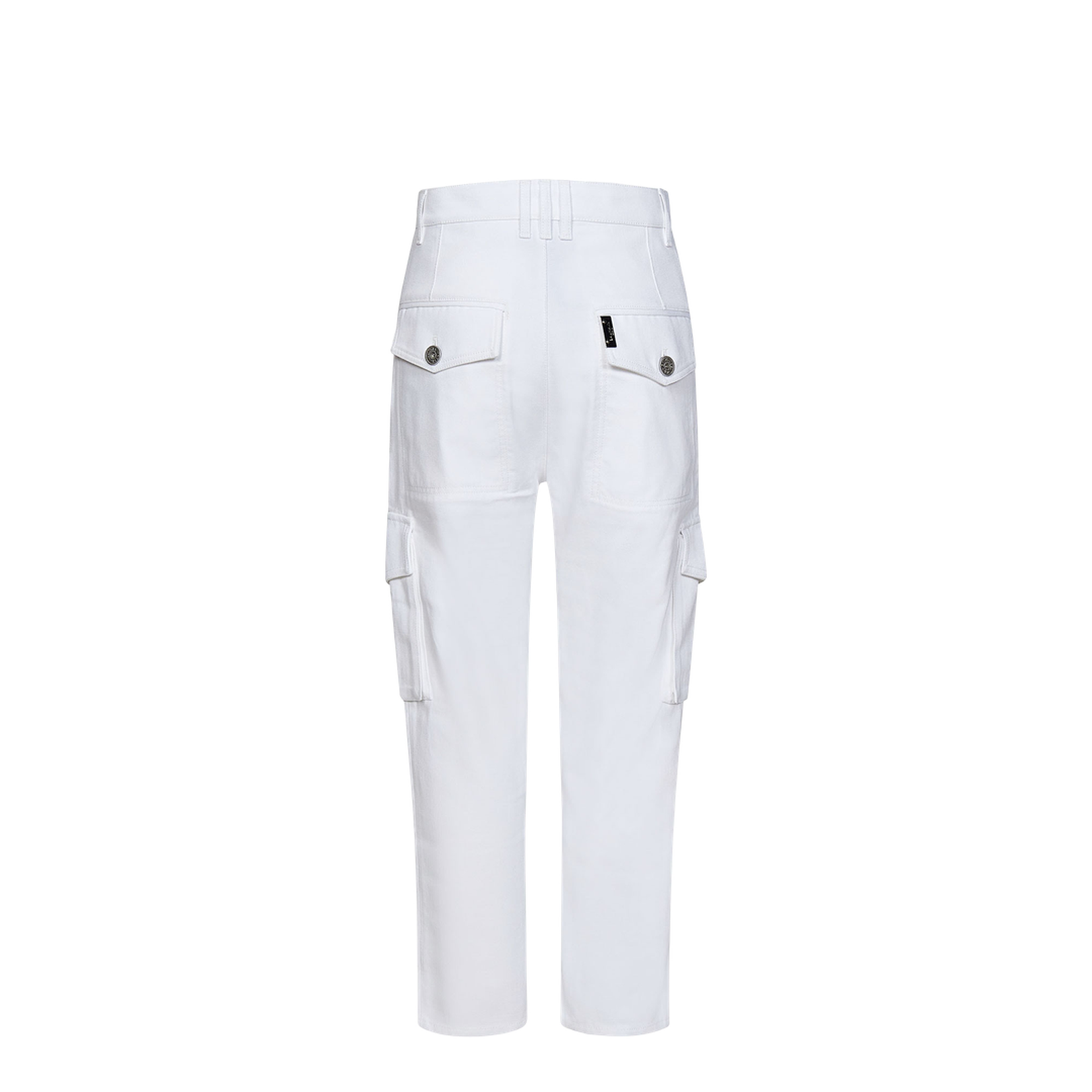White Cargo Pants with Silver Logo Plate