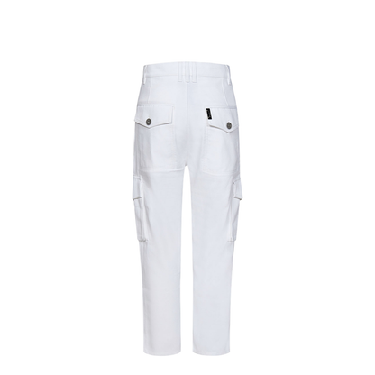 White Cargo Pants with Silver Logo Plate