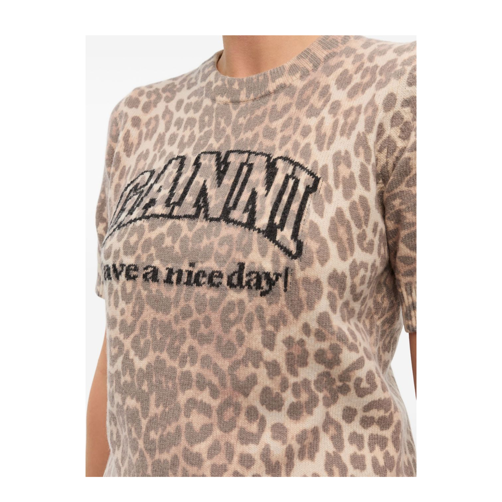 Beige Crew Neck Short Sleeves Leopard Print Ribbed Trim