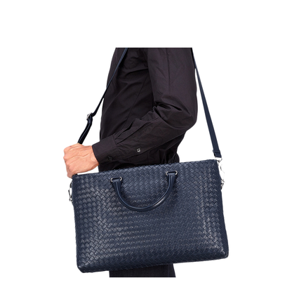 Intrecciato Large Leather Briefcase - Blue