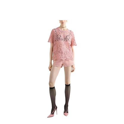 Short-sleeved Cordonetto Lace T-shirt in Pink