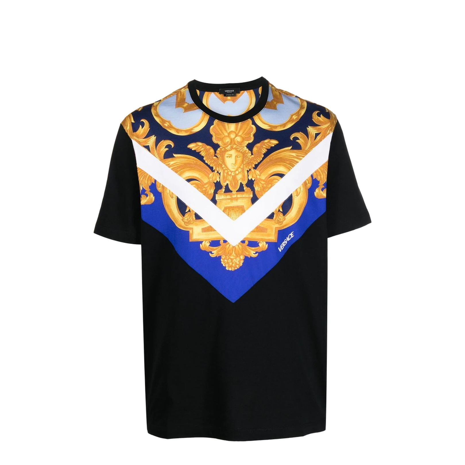 Black T-Shirt with Baroque Print on the Front and Back in Cotton