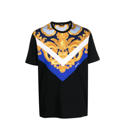 Black T-Shirt with Baroque Print on the Front and Back in Cotton