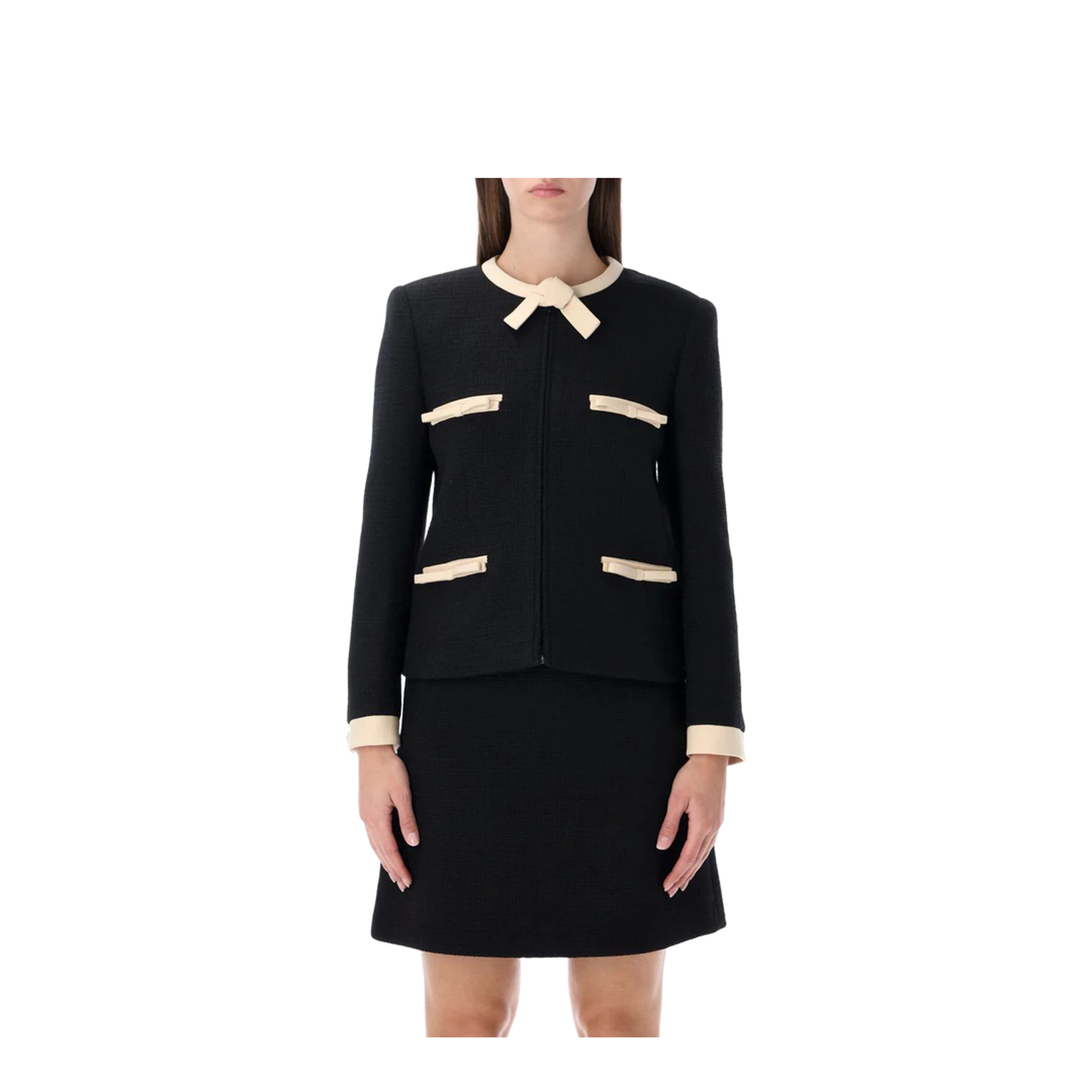 Short Wool Tweed Jacket With Bows