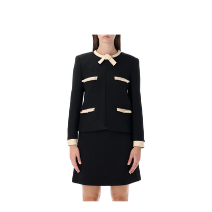 Short Wool Tweed Jacket With Bows