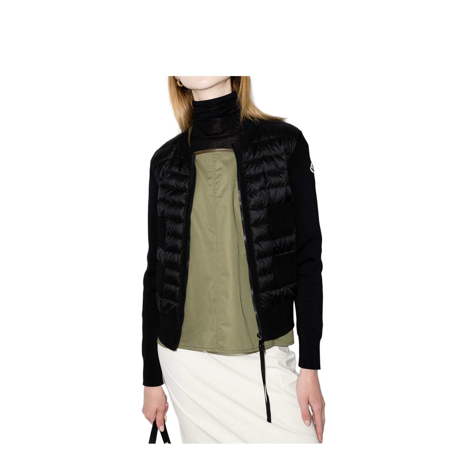 Black Padded Wool Zip-Up Cardigan
