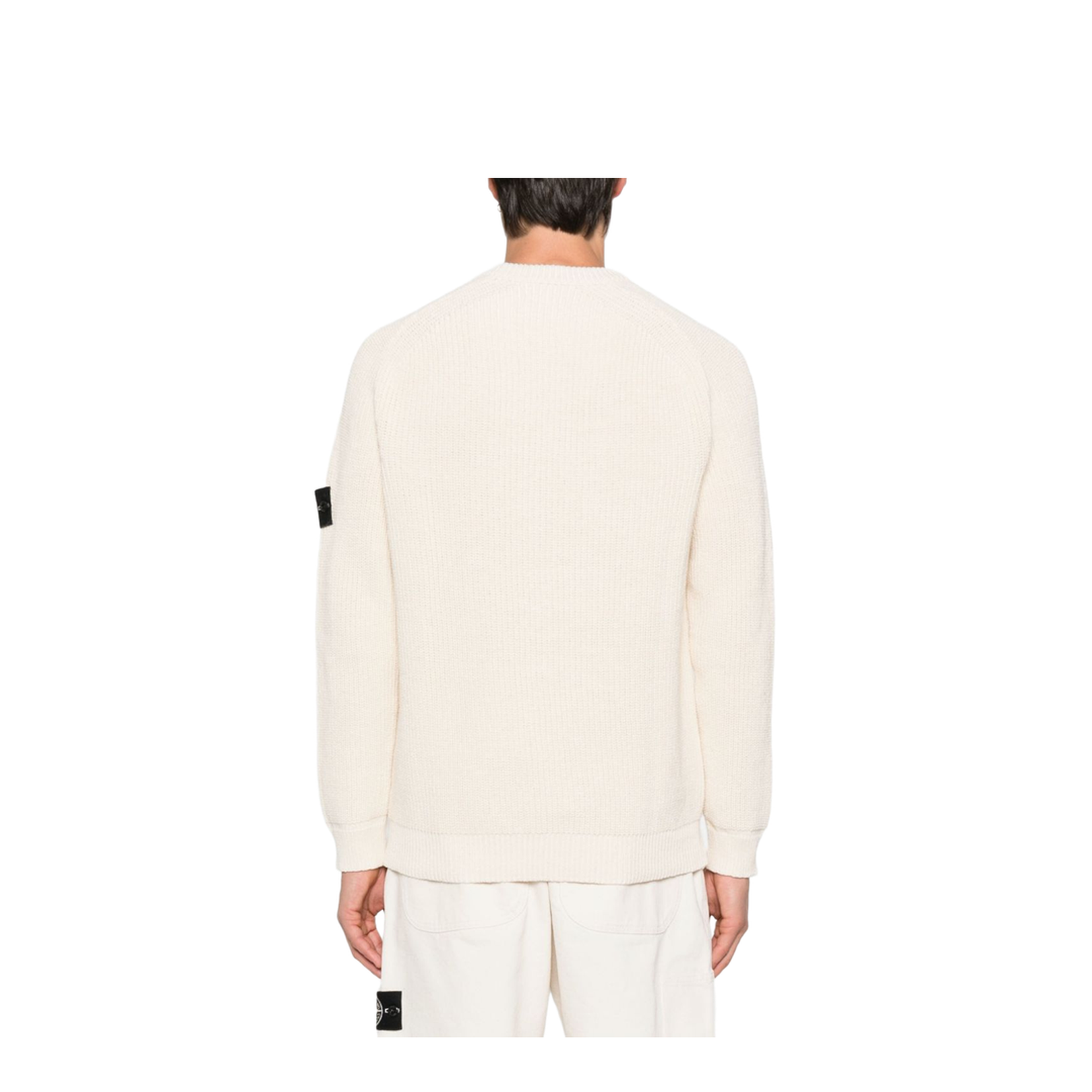 Beige Ribbed Knit Crew Neck Long Sleeves Compass Badge Cotton
