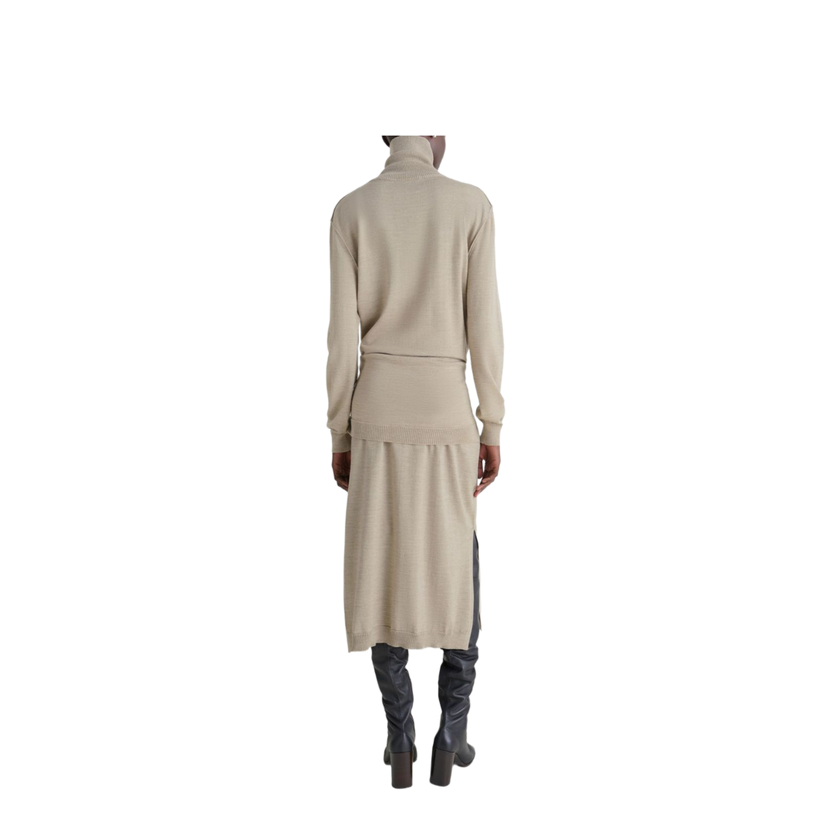 Light Taupe Turtleneck Neckline Tie Fastening Long Sleeves Side Slits Rib-Knit Trim