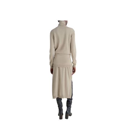 Light Taupe Turtleneck Neckline Tie Fastening Long Sleeves Side Slits Rib-Knit Trim