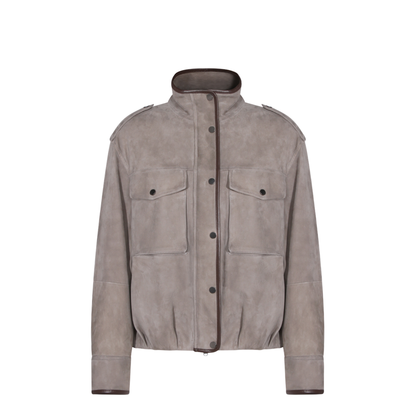 Faded Green Jacket With High Neck And Front Patch Pockets In Suede
