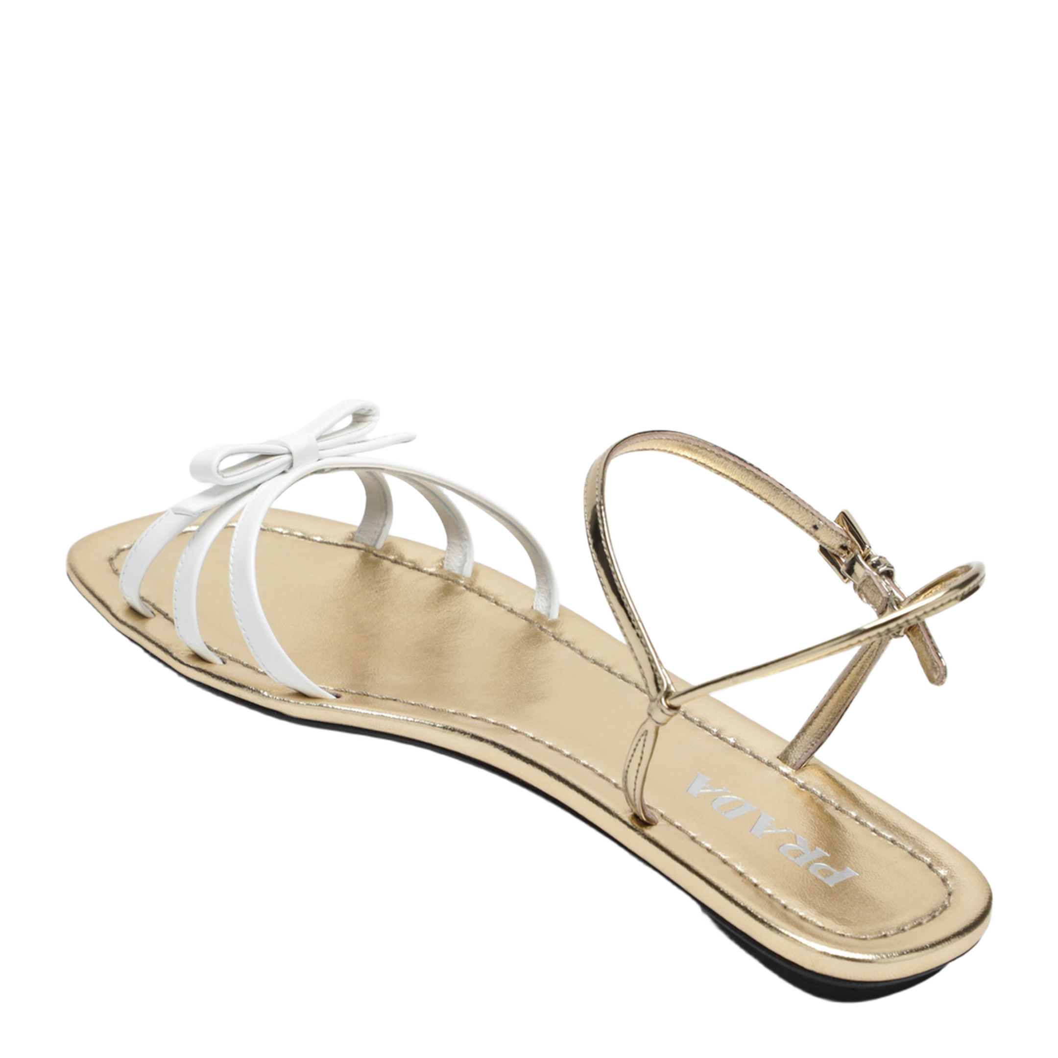 White And Gold Leather Sandals With Bow