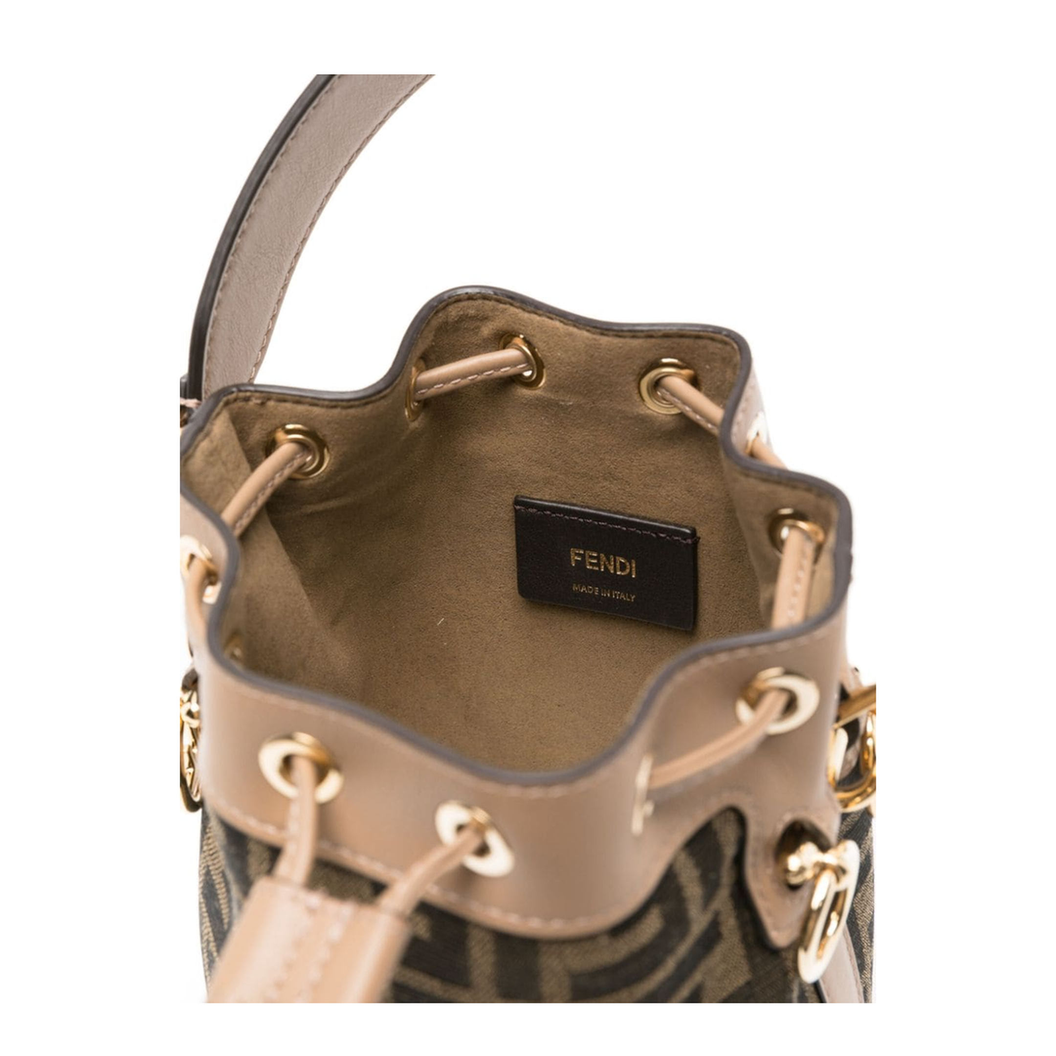 Brown Beige Canvas Leather Trim Drawstring Bag