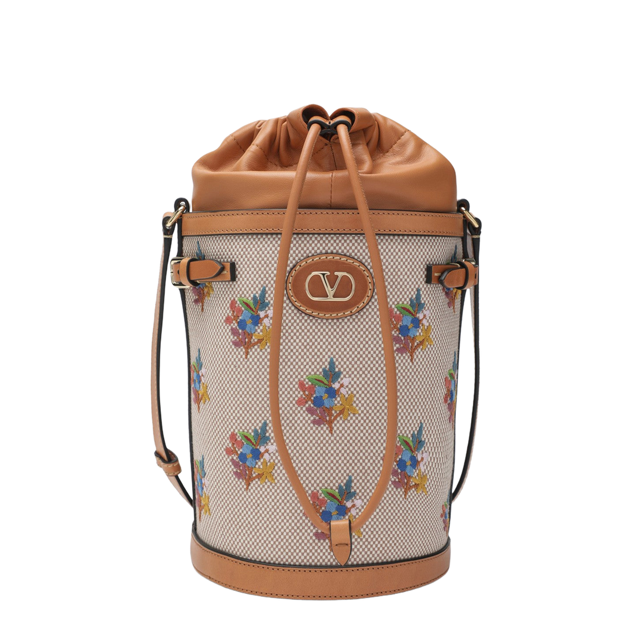 Canvas Bucket Bag with Floral Embroidery
