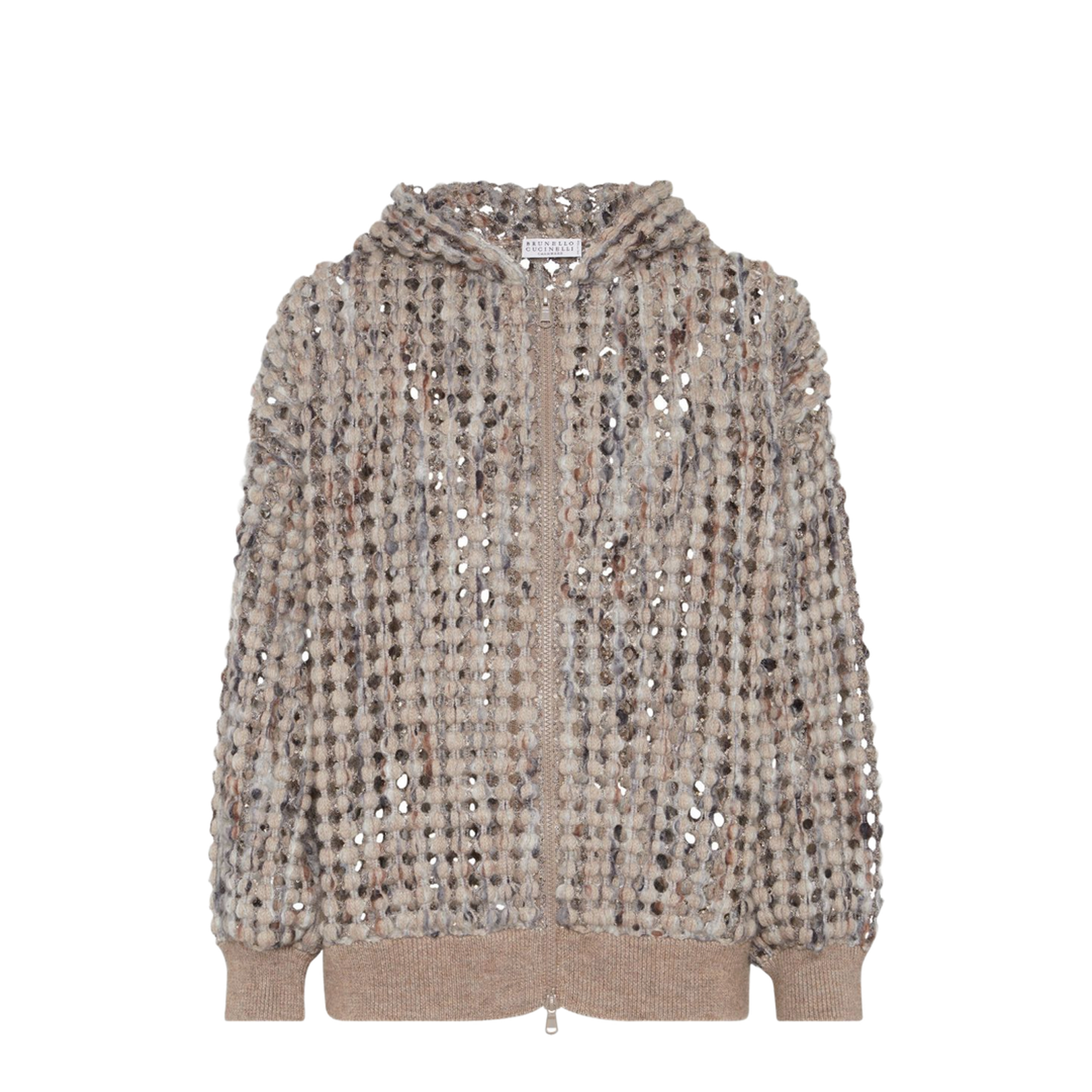 Open Knit Hooded Wool Sweater Beige