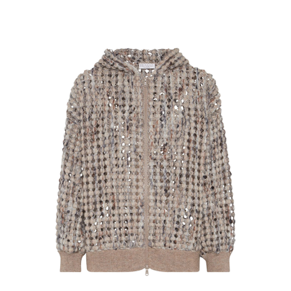 Open Knit Hooded Wool Sweater Beige