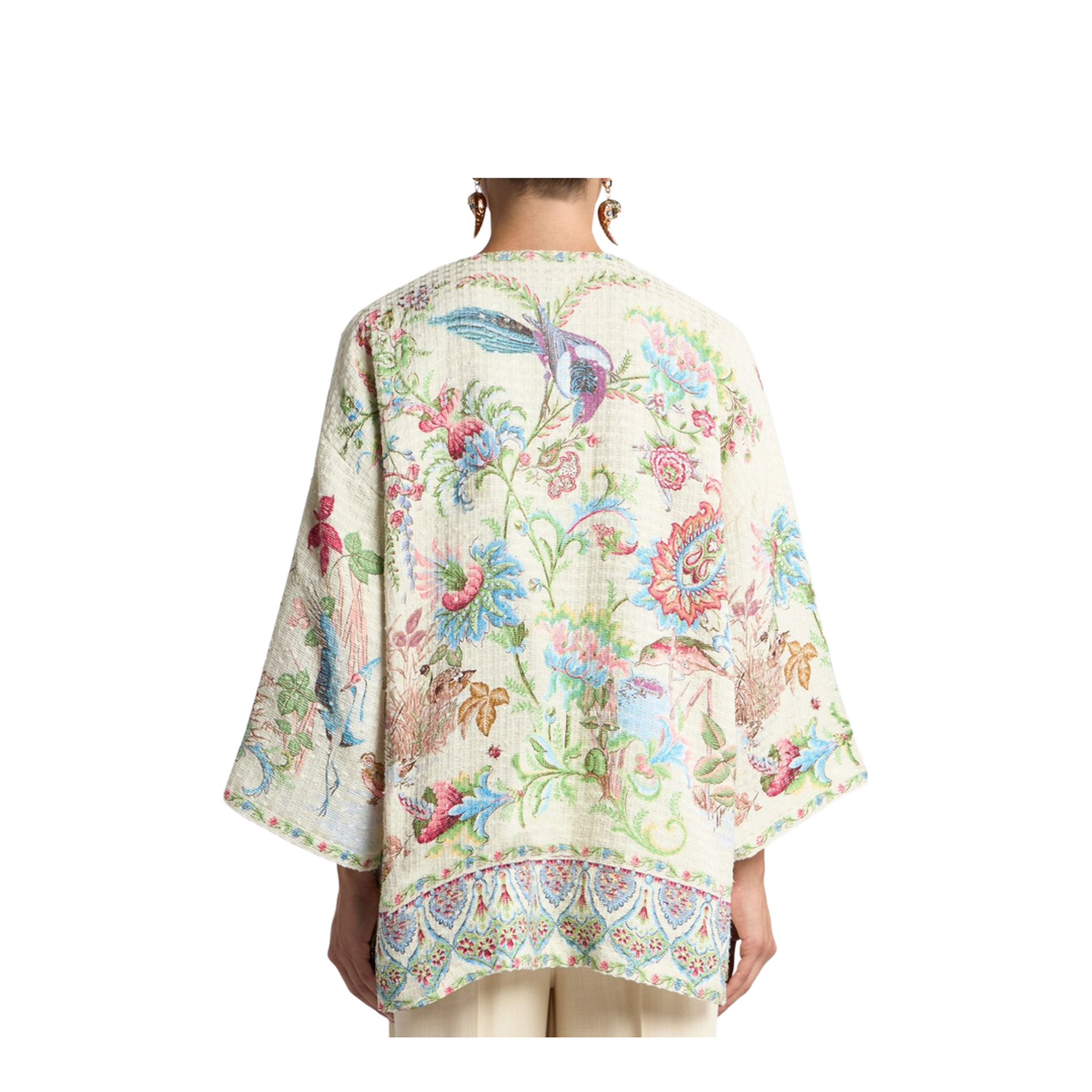 Cotton-Blend Basketweave Kesa with Flora and Fauna Motif