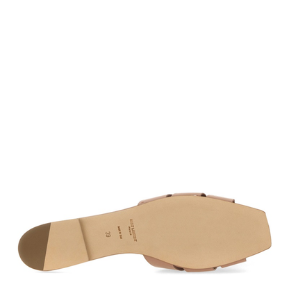 Powder Pink Leather Patent Finish Square Open Toe Multi-Way Strap Design Flat Sole Slip-On Style