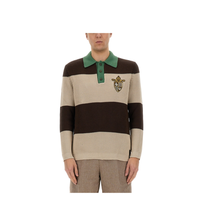 Knitted Cotton Polo Shirt with Brown and Beige Stripes
