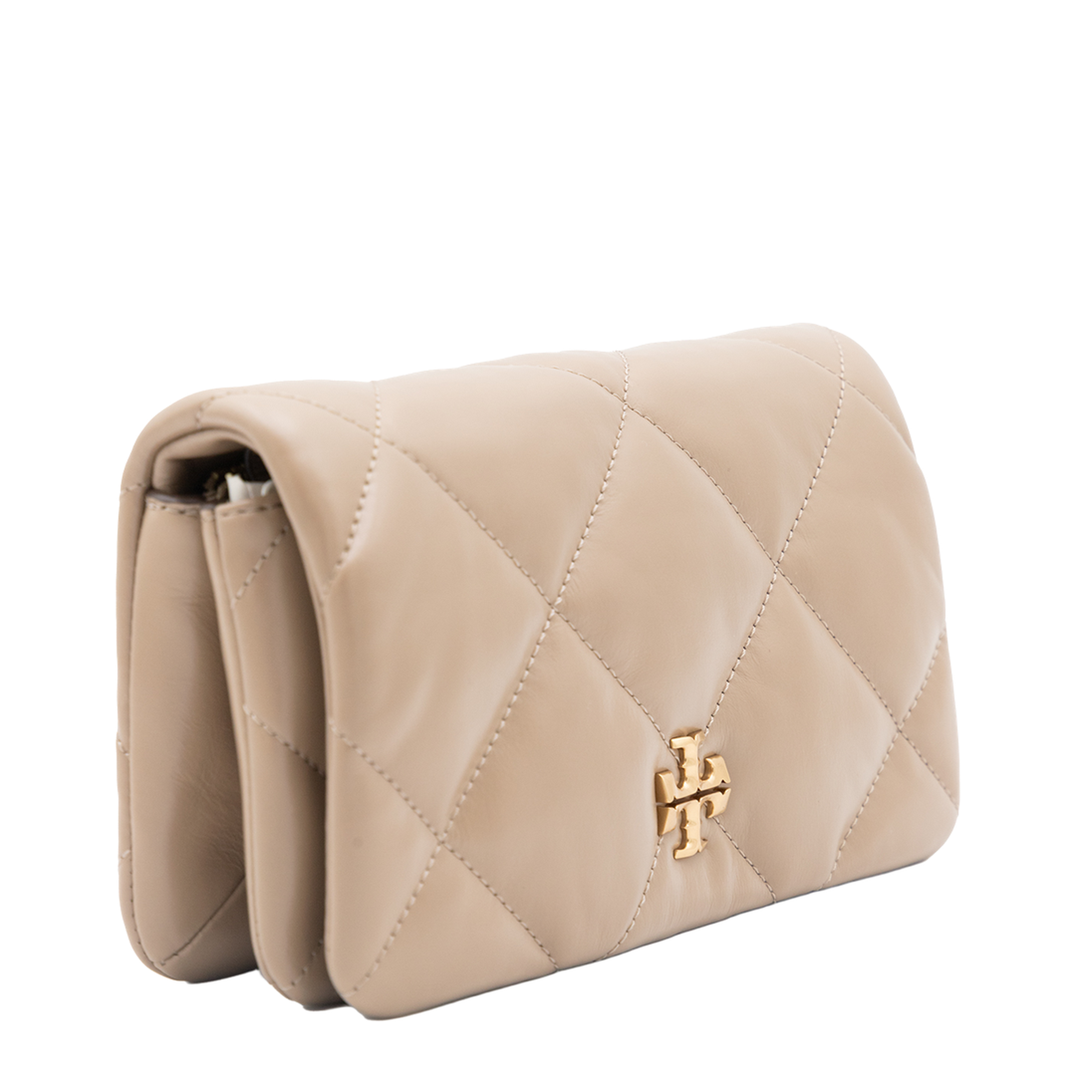 Kira Diamond Quilt Clover Medium Leather Chain Wallet - Light Stone