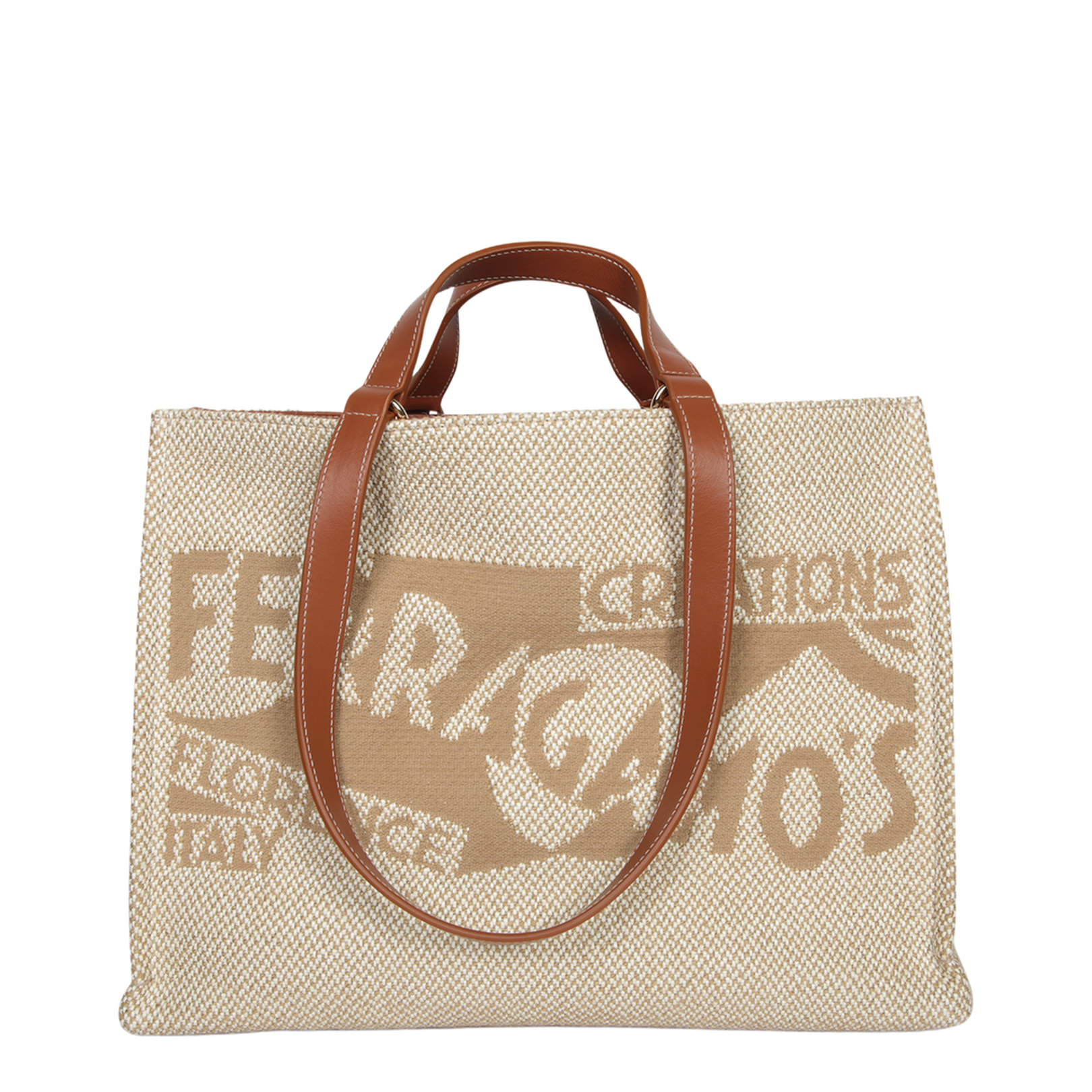 Jacquard fabric tote bag with leather details. Top handles and printed  logo.