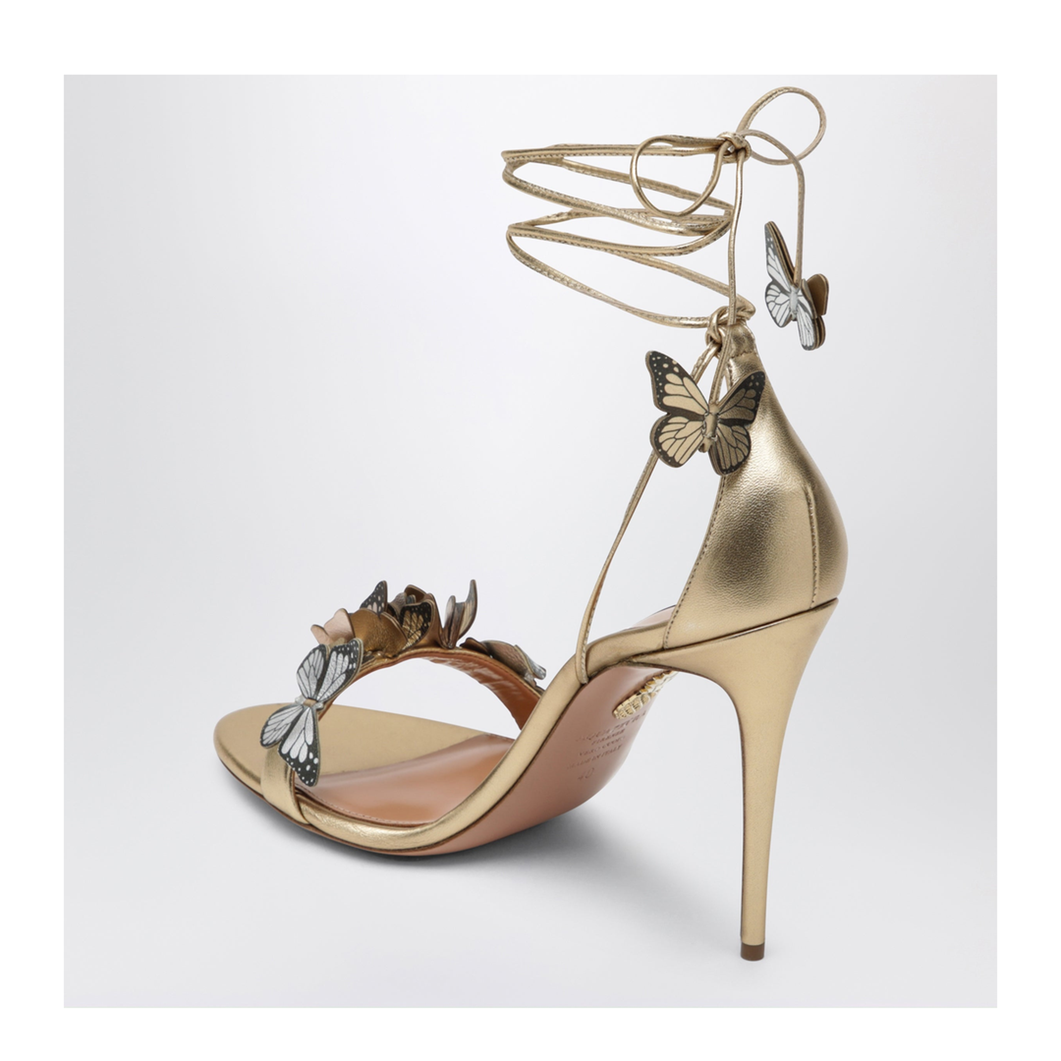 MAYFEYR - Aquazzura - Papillon 105 Metallic Leather Sandals In Soft Gold - PPLHIGS0NPLSOG