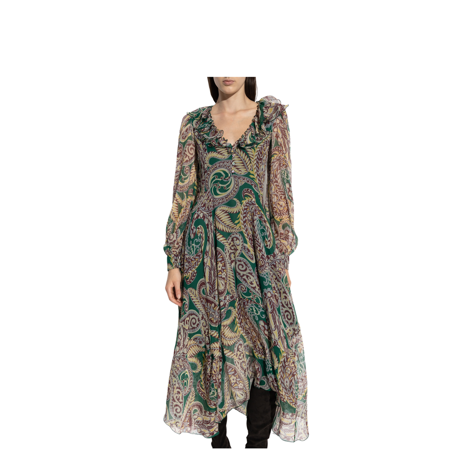 Long Silk Crepon Dress with Paisley Motif