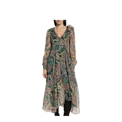 Long Silk Crepon Dress with Paisley Motif