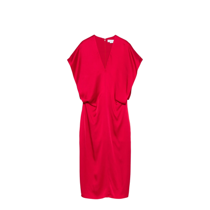 Satin V-necked Midi Dress - Red