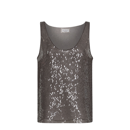 Brown Silk Sequin Top With Round Neck