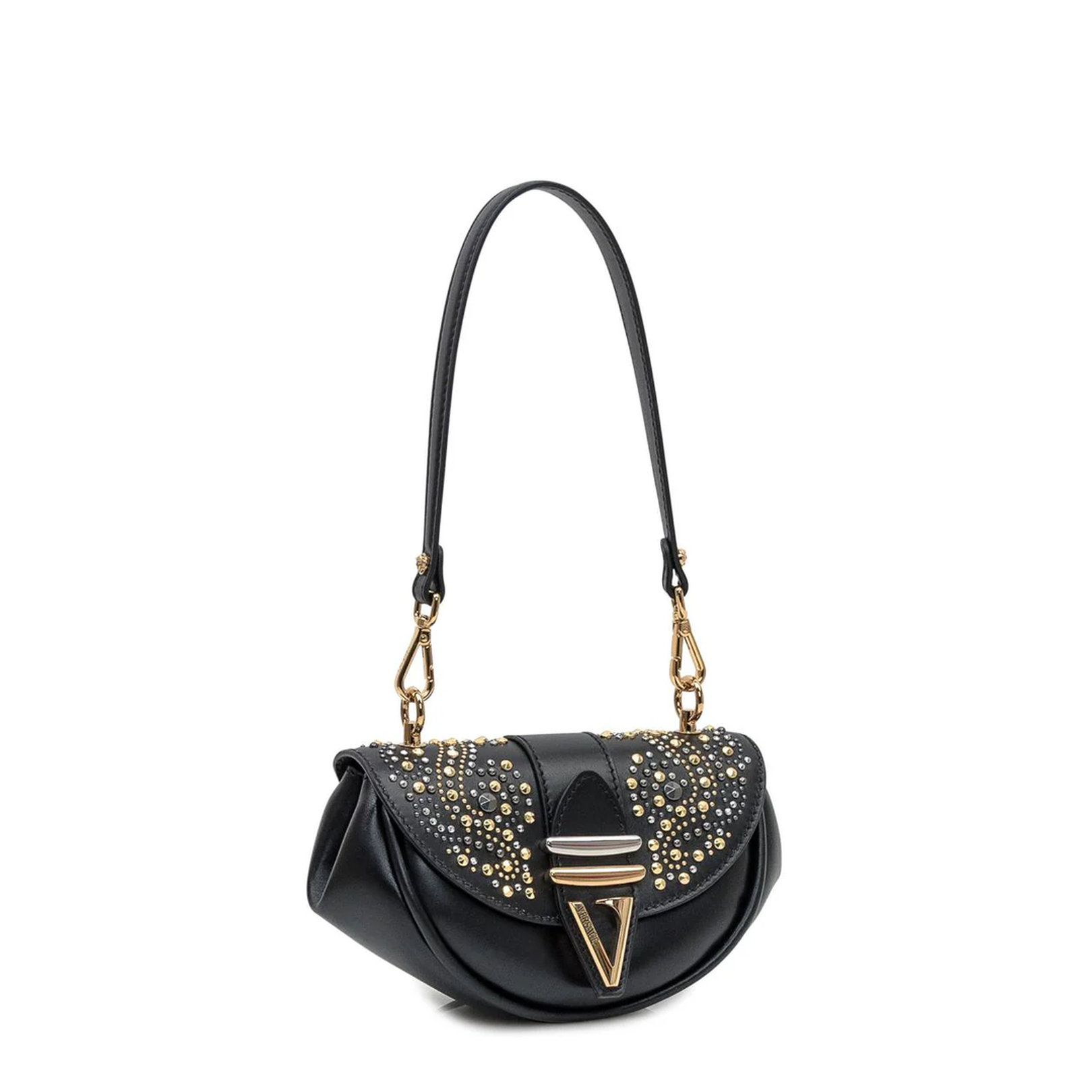 Black Leather Shoulder Bag with Stud Applications