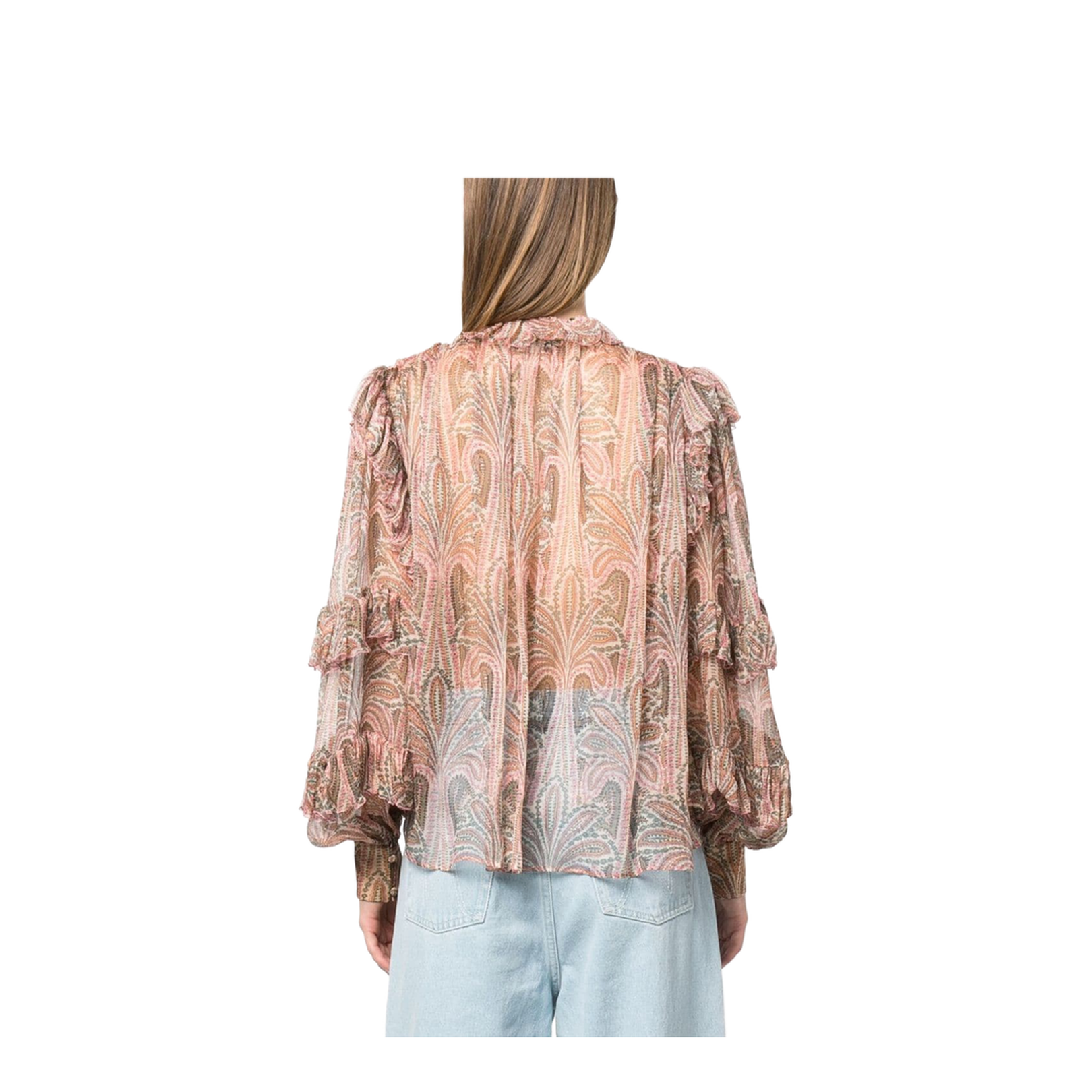 Silk Paisley Print Blouse With Ruffles In Pink