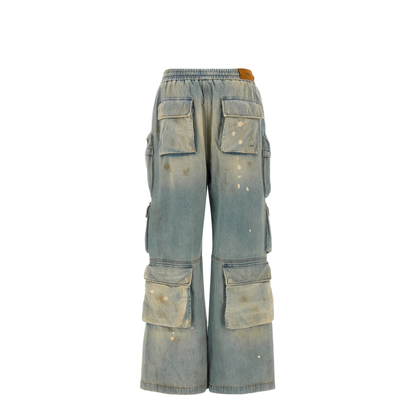 Cargo-Pockets Drawstring Jeans Blue