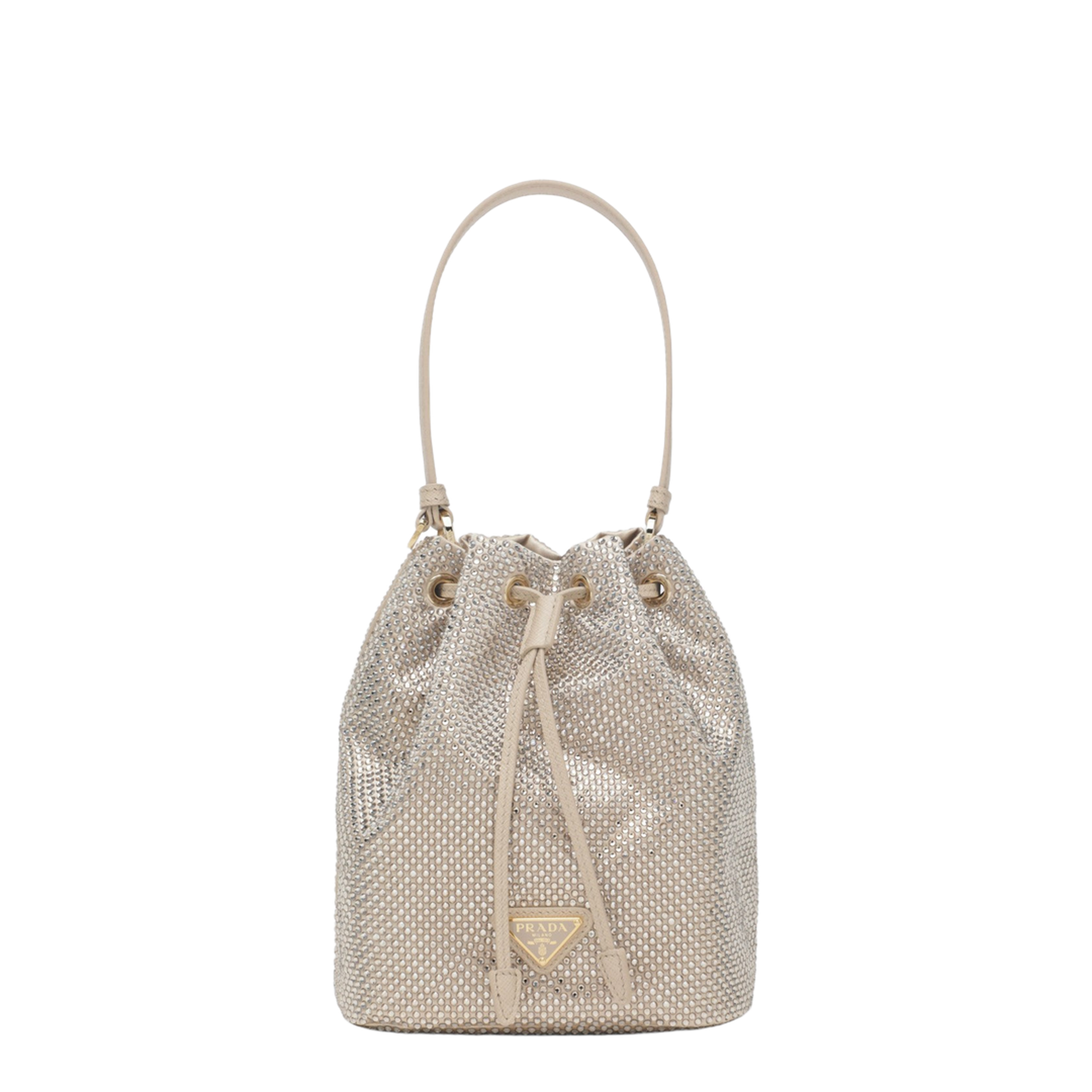 Crystal Mini Satin Bucket Bag - Sand Beige