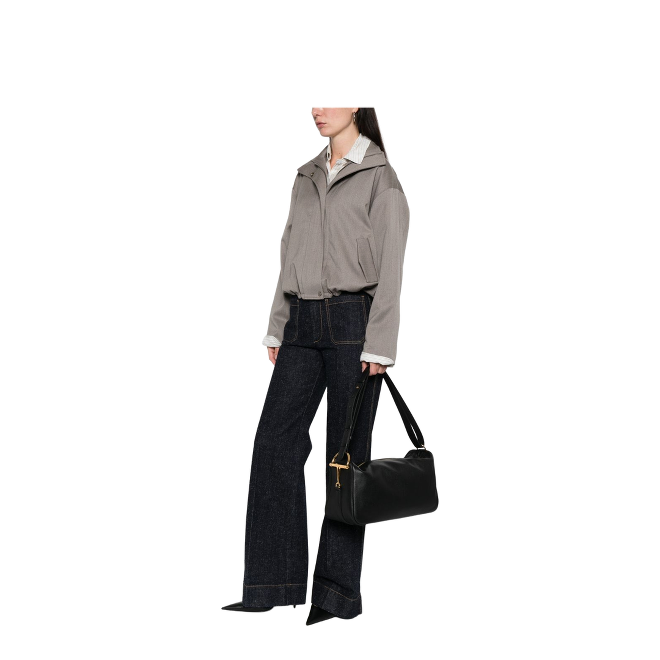 Half Horsebit Large Grained Calf Leather Shoulder Bag - Black