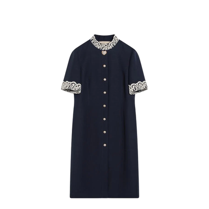 Indigo Dress With Macramé Trim