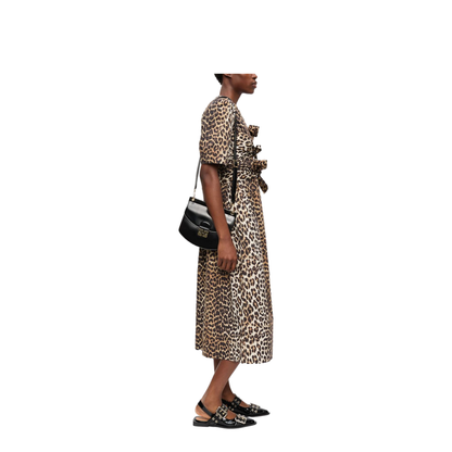 Leopard Print Tie Strap Midi Dress In Brown