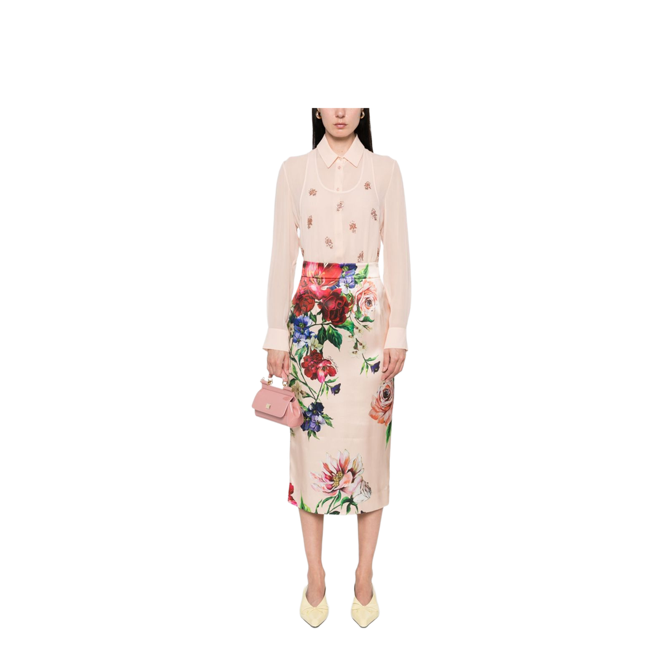 Flower Print Satin Midi Pencil Skirt