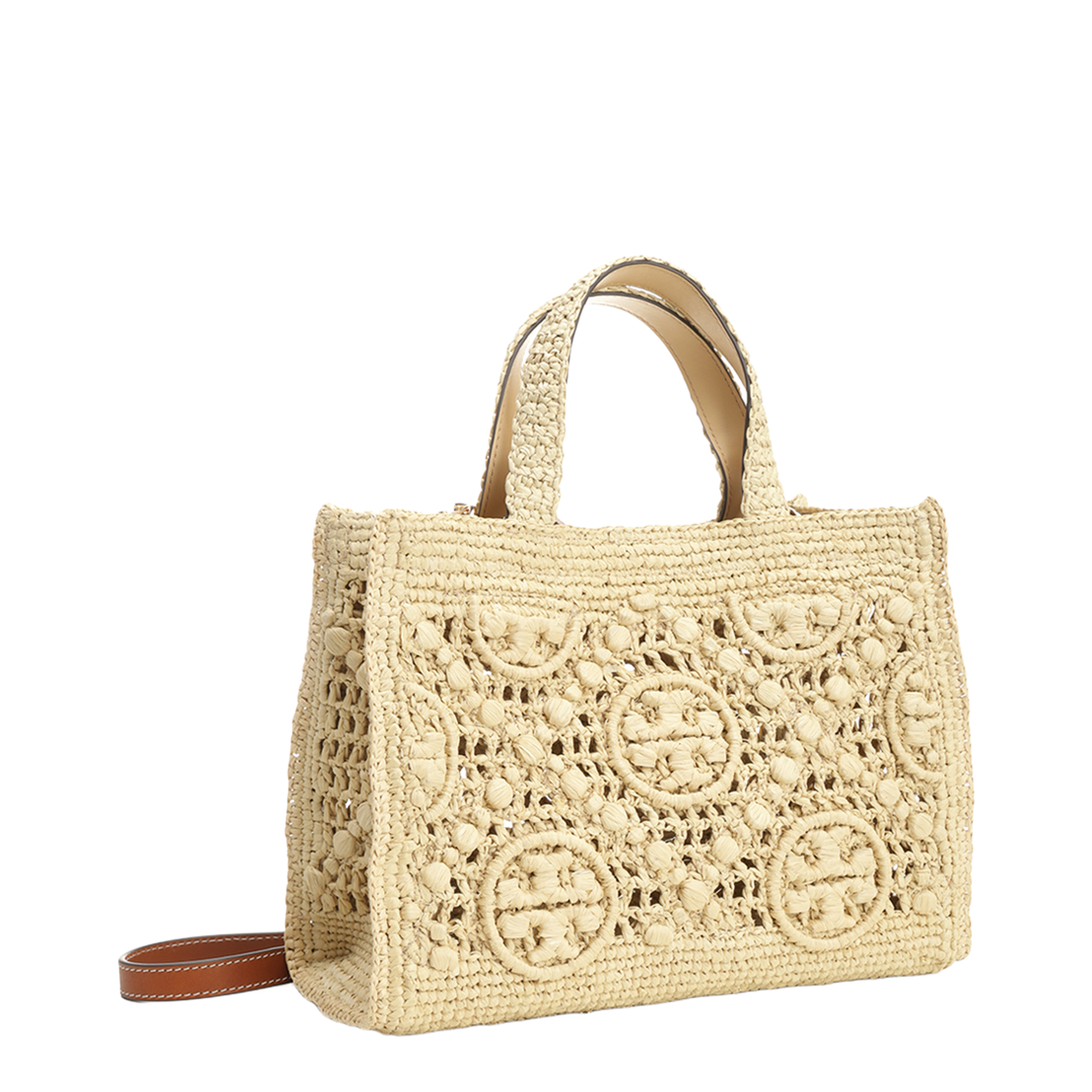T Monogram Woven Raffia Tote